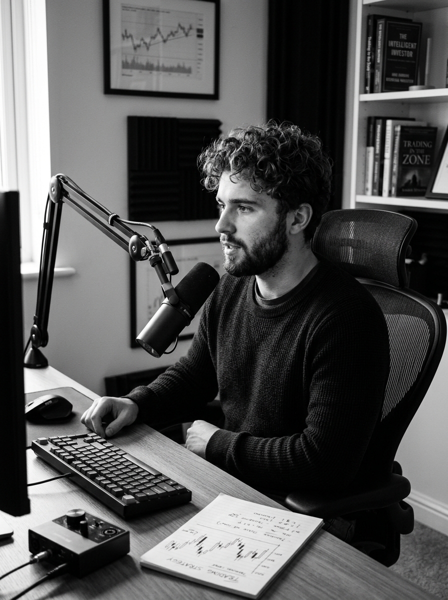 Trading mentor with podcast microphone